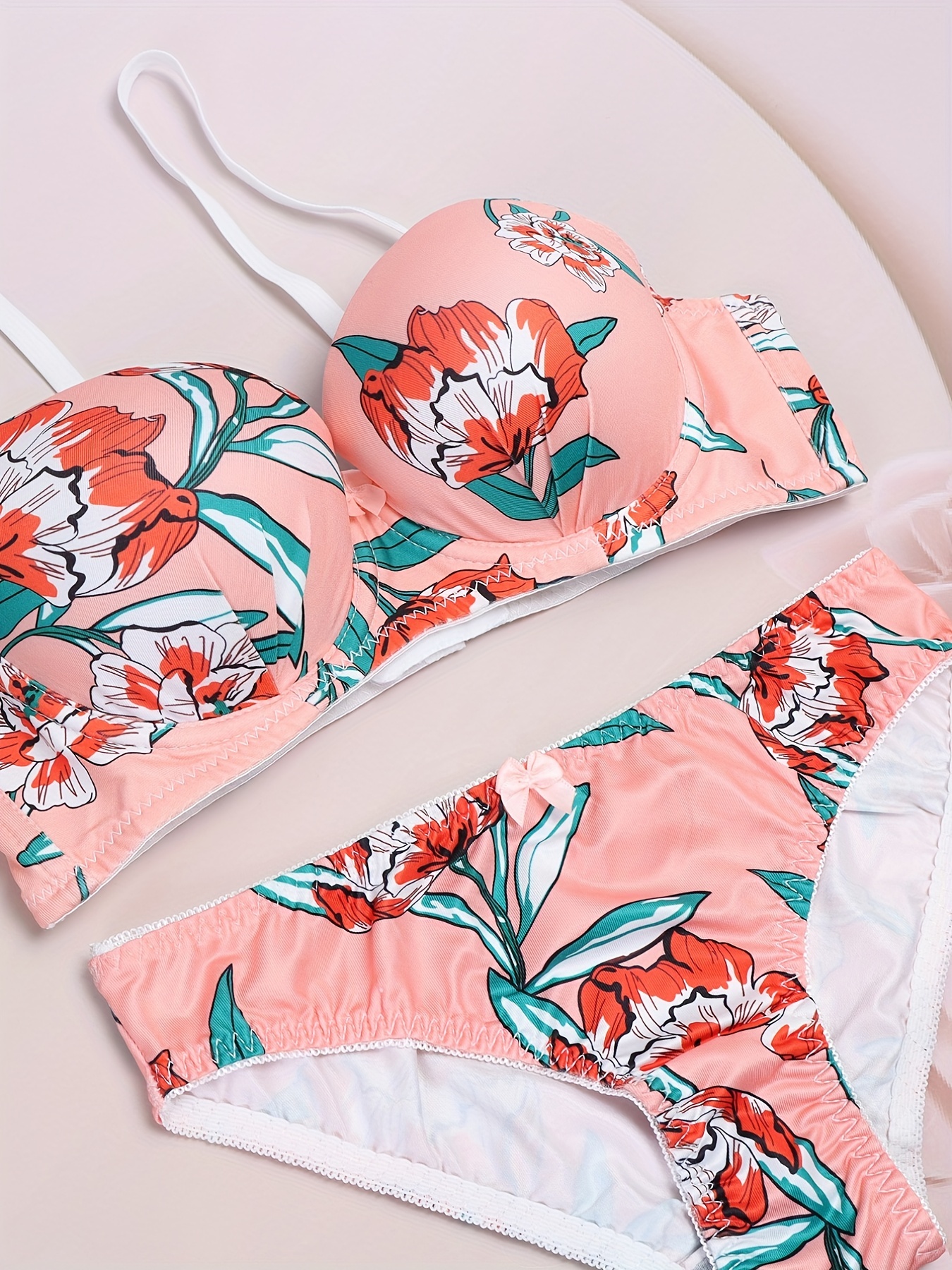 Floral Print Bra & Panties, Elegant Lightly Padded Bra & Briefs Lingerie  Set, Women's Lingerie & Underwear, Shop On Temu And Start Saving