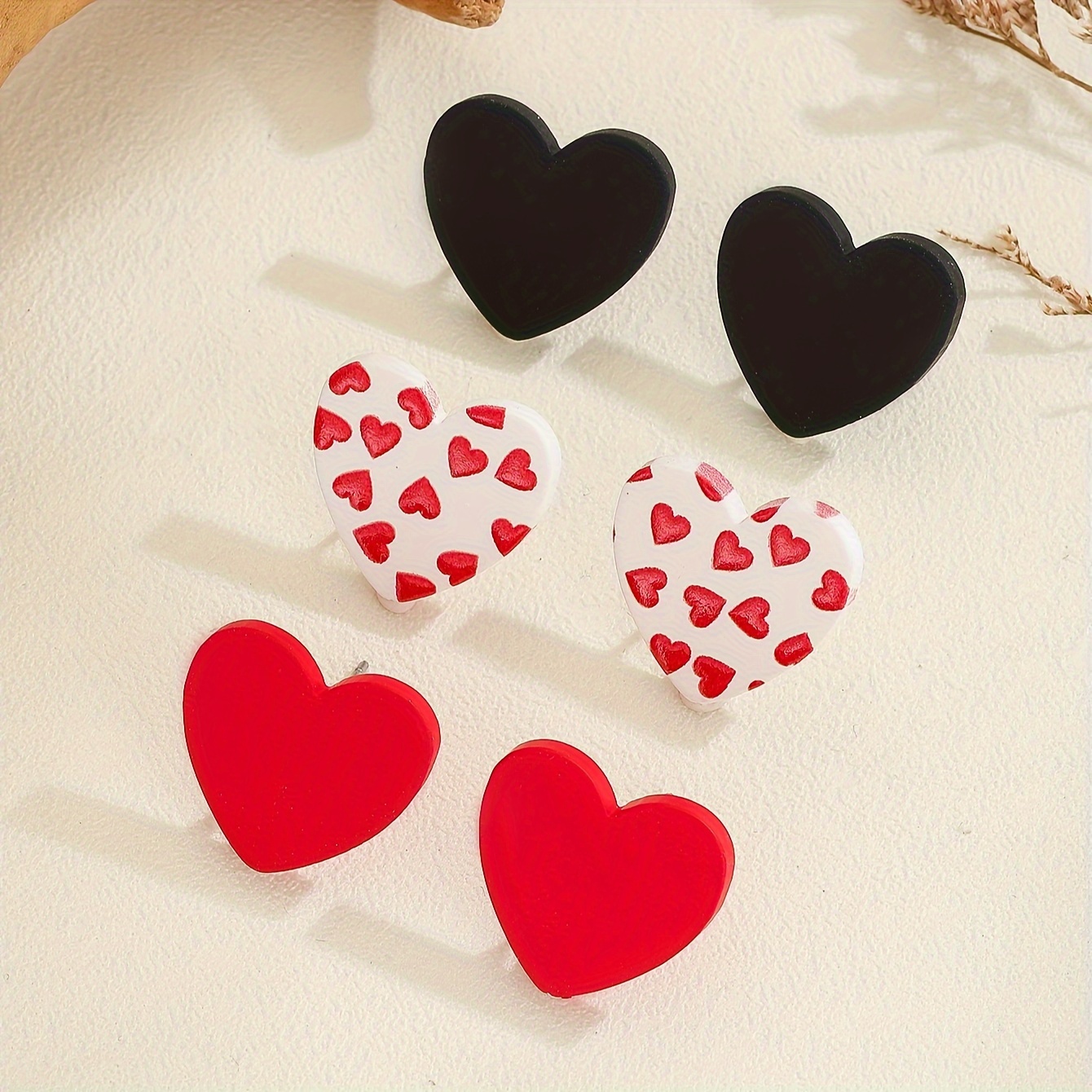 Valentine's Day 3 Pairs Of 1 Card Printed Love Heart Combination Set Acrylic Earrings Cute Gift