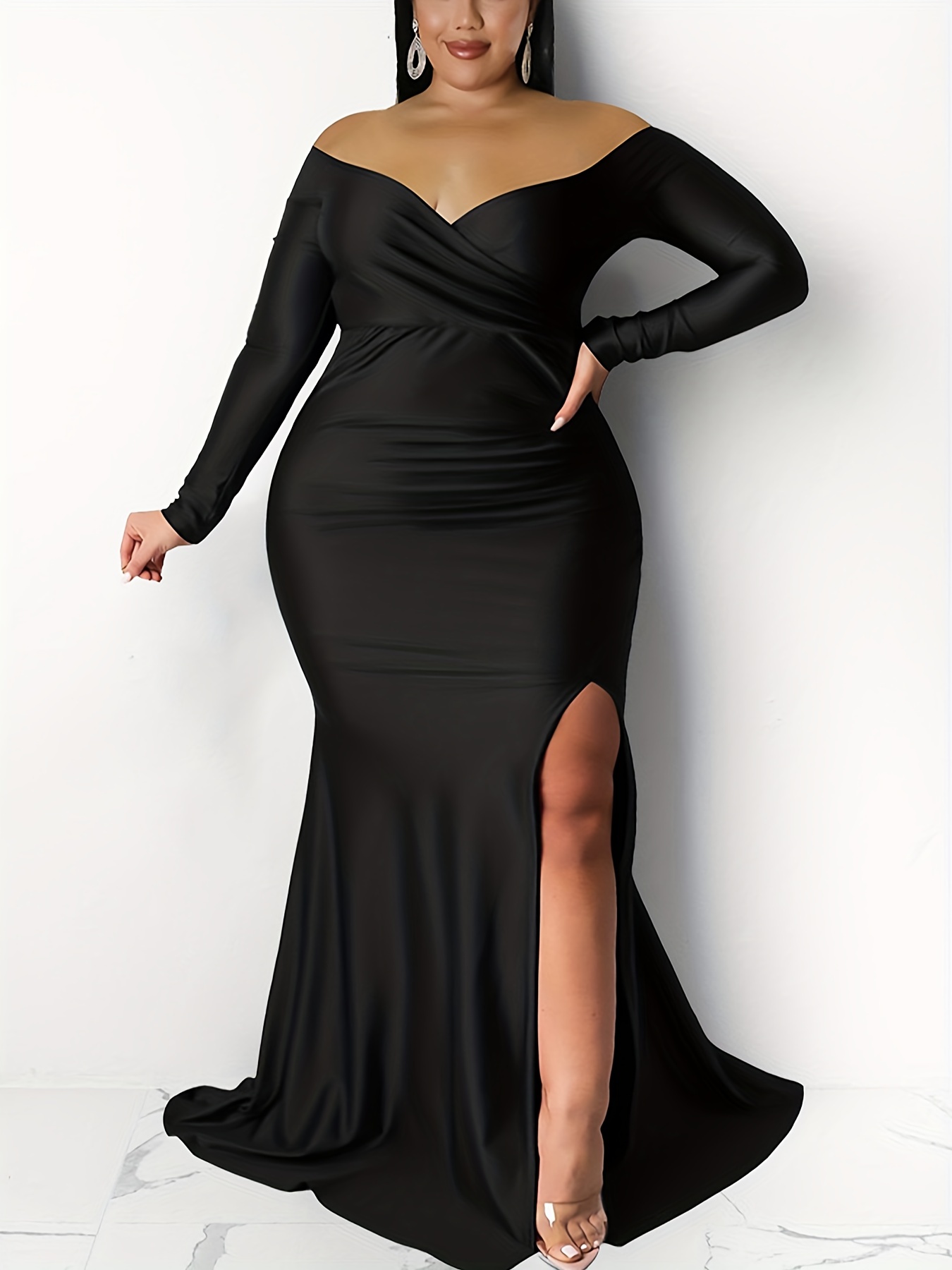 Plus Size Solid Off Shoulder Split Hem Maxi Prom Dress - Temu Canada