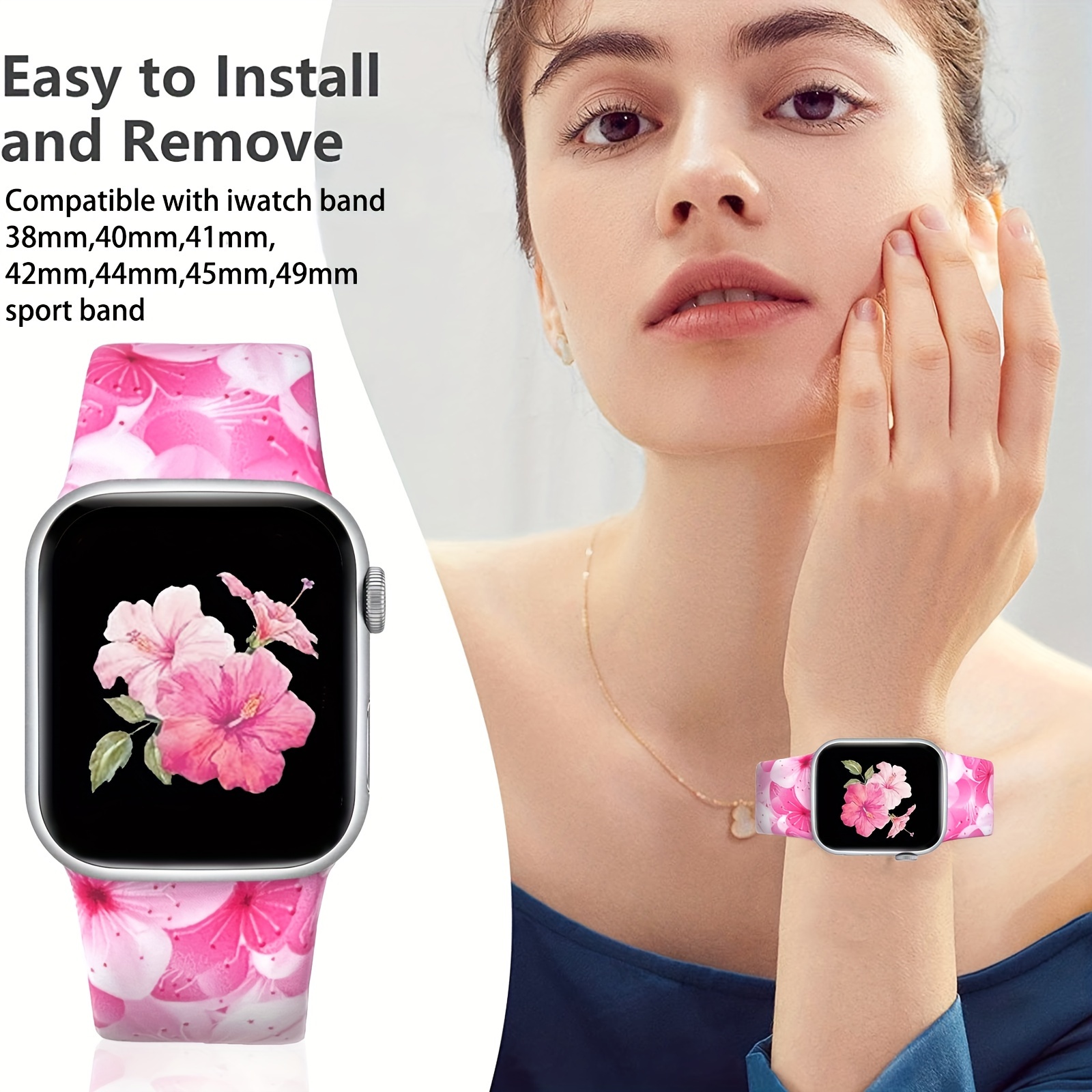 Correa de reloj compatible con Apple Watch con estampado de flor