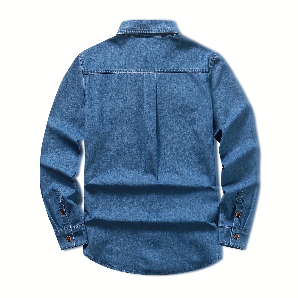 Men's Vintage Jeans-like Shirt - Button-Up Lapel Collar, Chest Pocket - Non-Stretch Denim Fabric - Relaxed Fit Long Sleeve Shirt Jacket for Casual Everyday & Formal Outfits - Spring/Fall Essential Wardrobe Staple - Easy-Care Hand Washable, Fall Clothing, Retro Style, Timeless Design, Weekend Wear