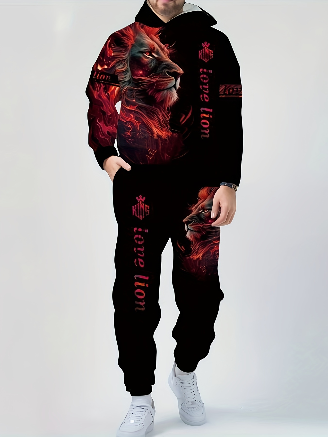 Men's Plus Size 3d Glow Lion Print Hooded Sweatshirt - Temu