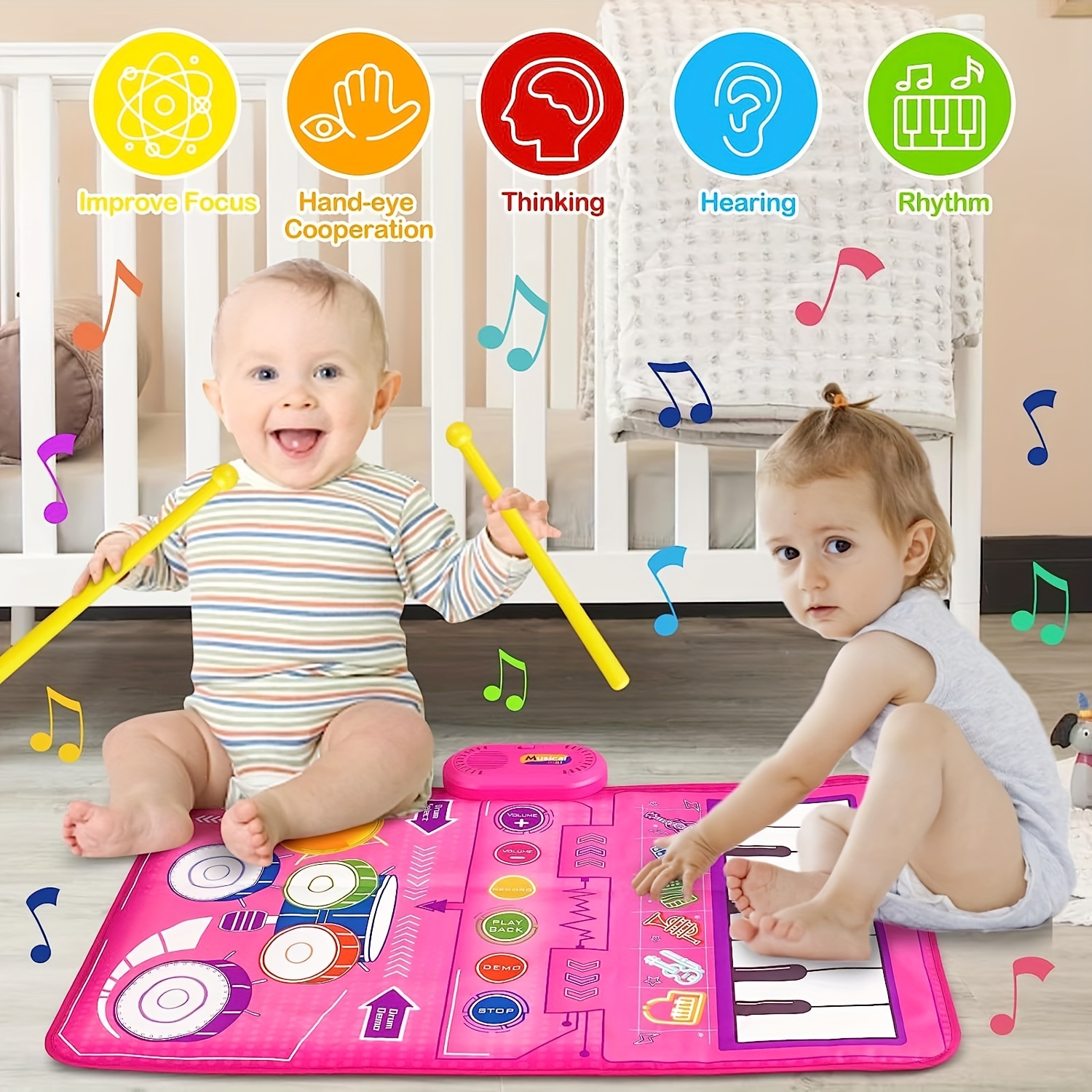  PRAGYM Regalo de cumpleaños para niña de 1 año, juguetes  musicales 2 en 1 para bebés de 1 año, piano y alfombrilla de batería con 2  palos como juguetes educativos tempranos