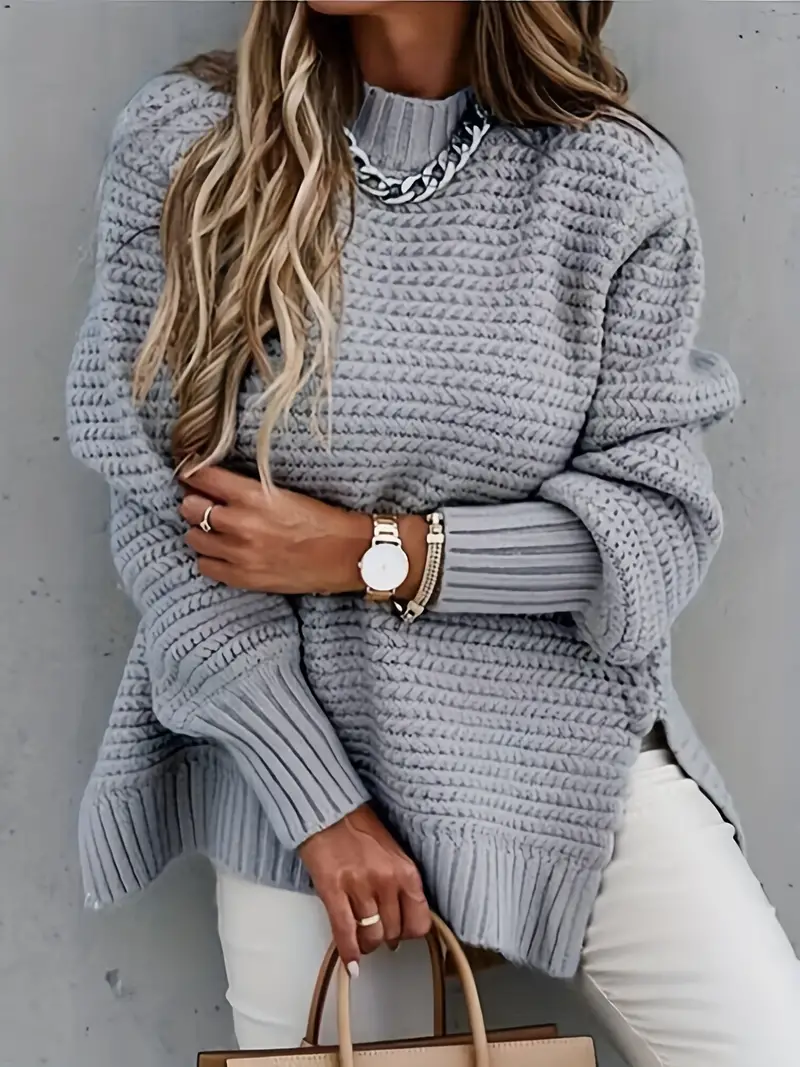 solid mock neck chunky knit sweater, high neck knitted top casual side split top womens clothing 0