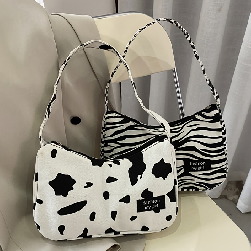 Cow Print Shoulder Bag, Women's Elegant Zipper Purse, Fashion Chain Decor Baguette  Bag Mini Cow Print Chain Decor Baguette Bag
