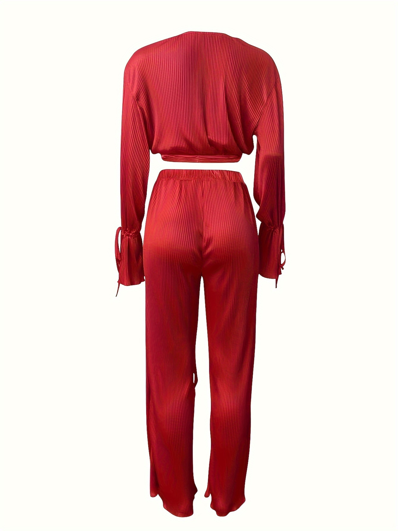 Canrulo Womens 2Pcs Outfits Satin Sexy Feather Long Sleeve Knot Front Crop  Top and Wide Leg Long Pants Jumpsuit Tracksuit Rose Red XL 