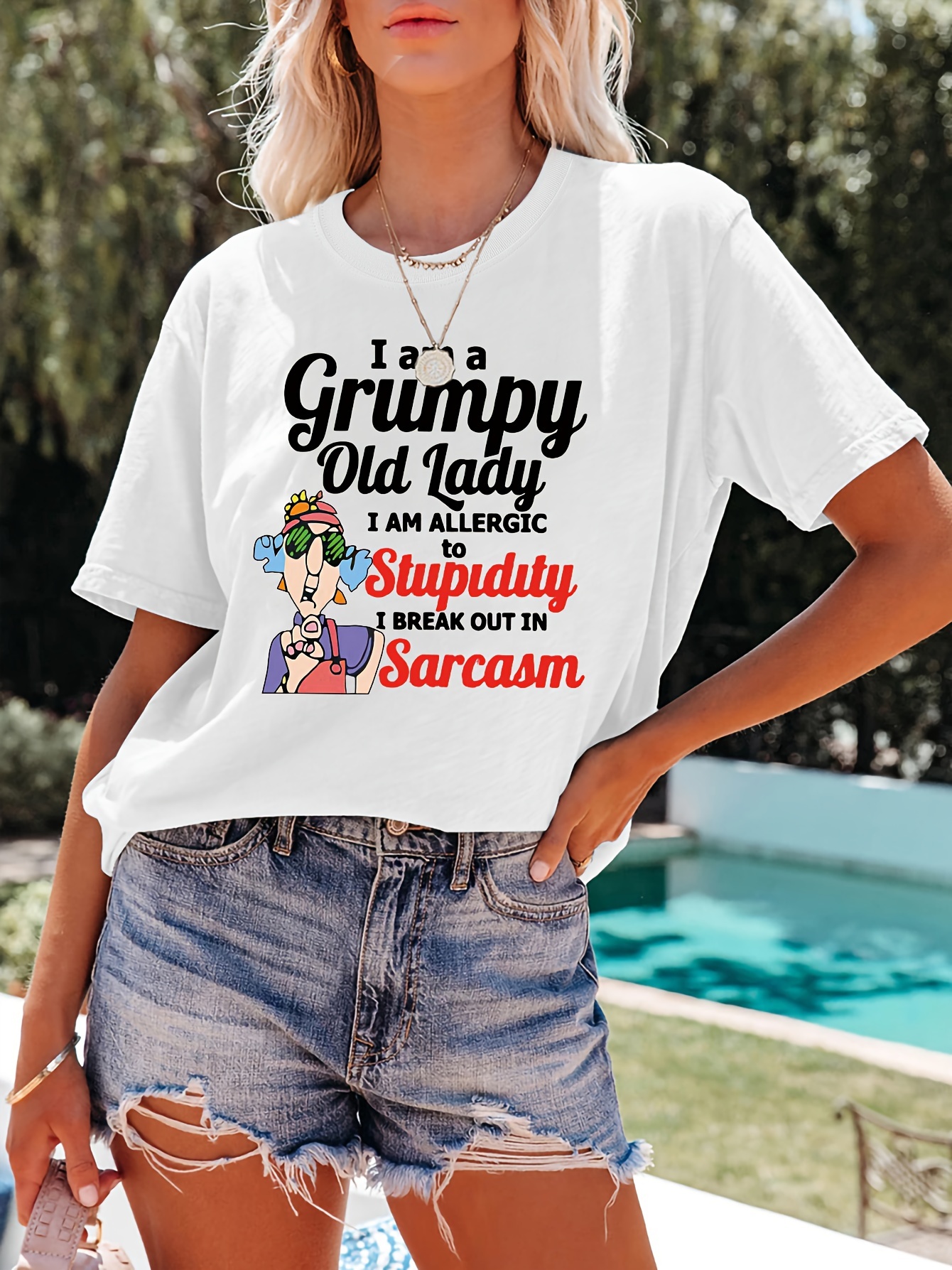 Old Lady Cartoon Graphic T-Shirt for Women – Funny Sarcastic Design,  Black Short Sleeve Tee, Machine Washable Casual Wear, Humorous
