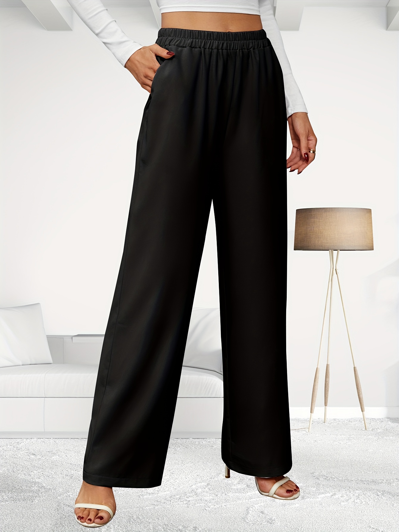 Elastic Waist Straight Leg Pants, Versatile Loose Solid Textured