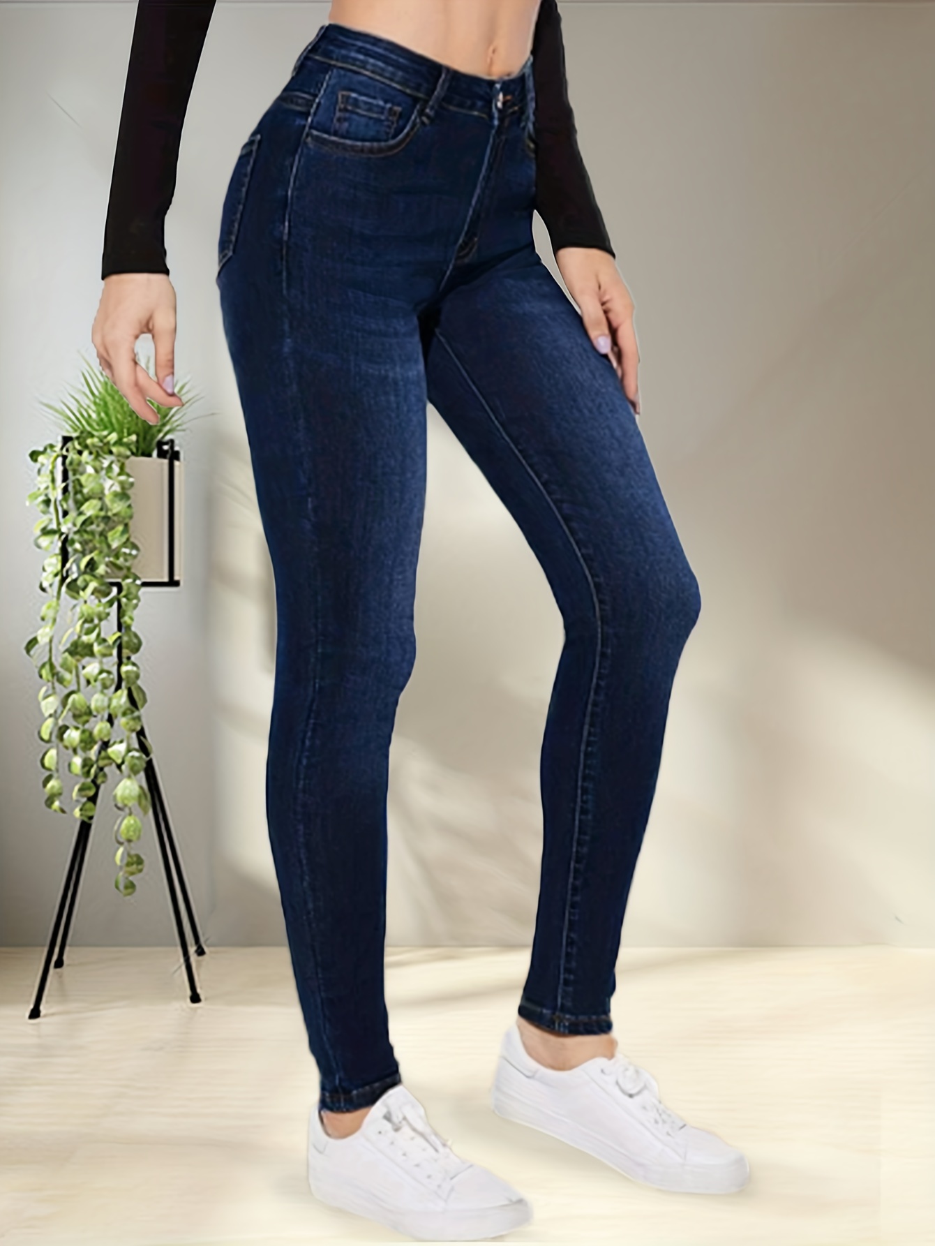 Blue High Stretch Fit Pockets Slim Casual Temu Jeans Slant Skinny 