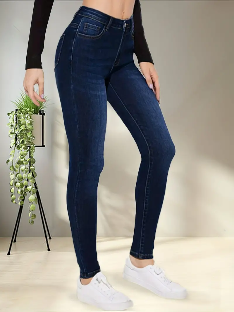 Blue High Stretch Skinny Jeans Slim Fit Slant Pockets Casual - Temu