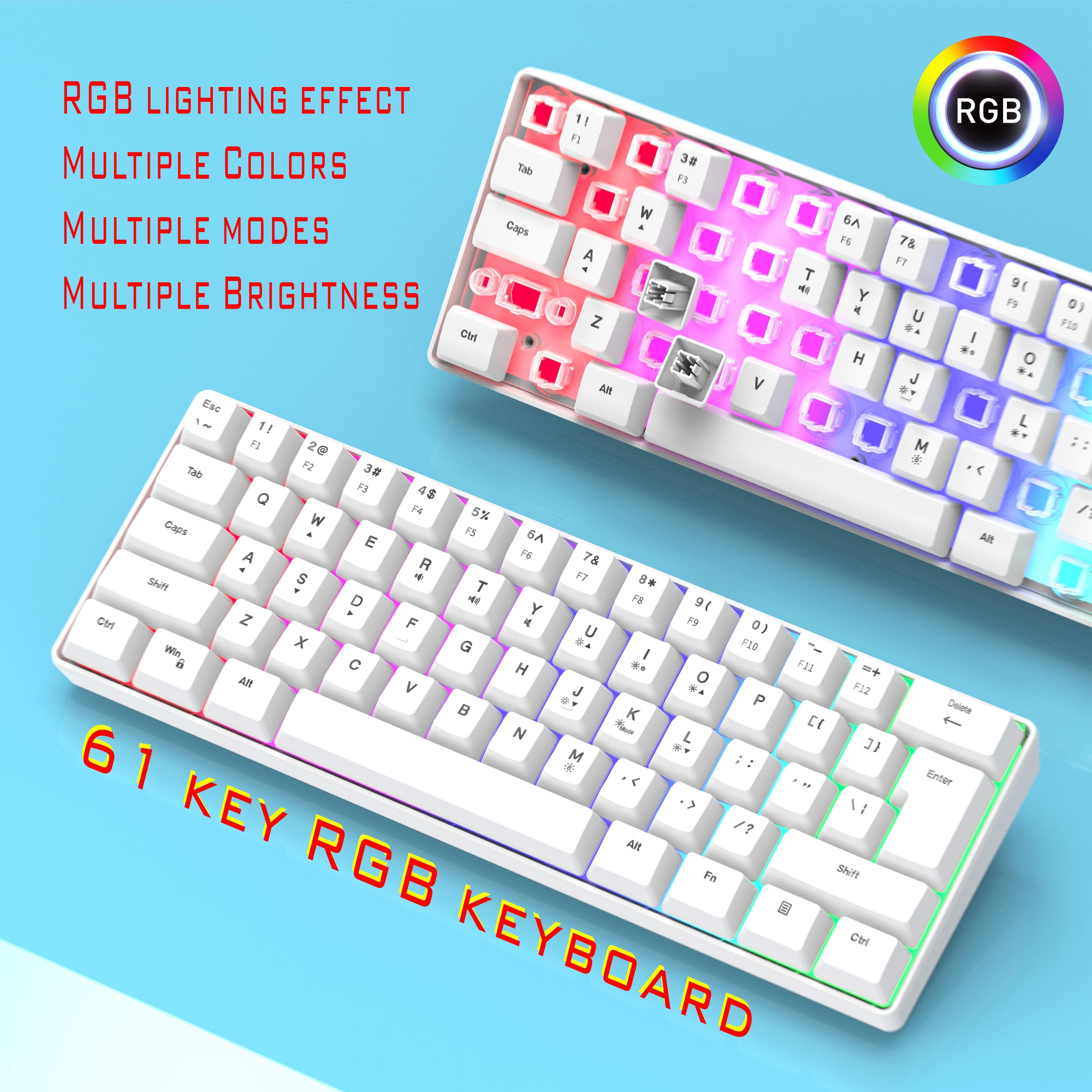 61 touches Mini clavier rétroéclairé RGB, clavier blanc portable USB  rétroéclairé à double couleur 60%, effet de lumière de flux de couleur  variable translucide de police claire clavier gris d'ordinateur, clavier  blanc