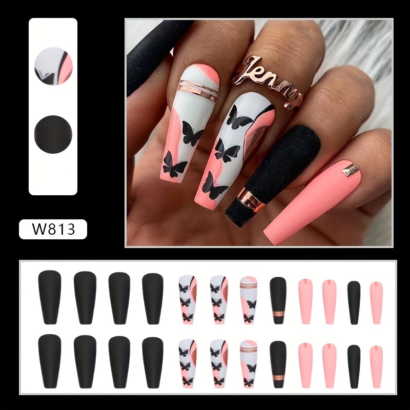 Matte Pink Flower Pattern | Short Pink Press Nails | Short Matte False Nails  - 24 Pcs - Aliexpress