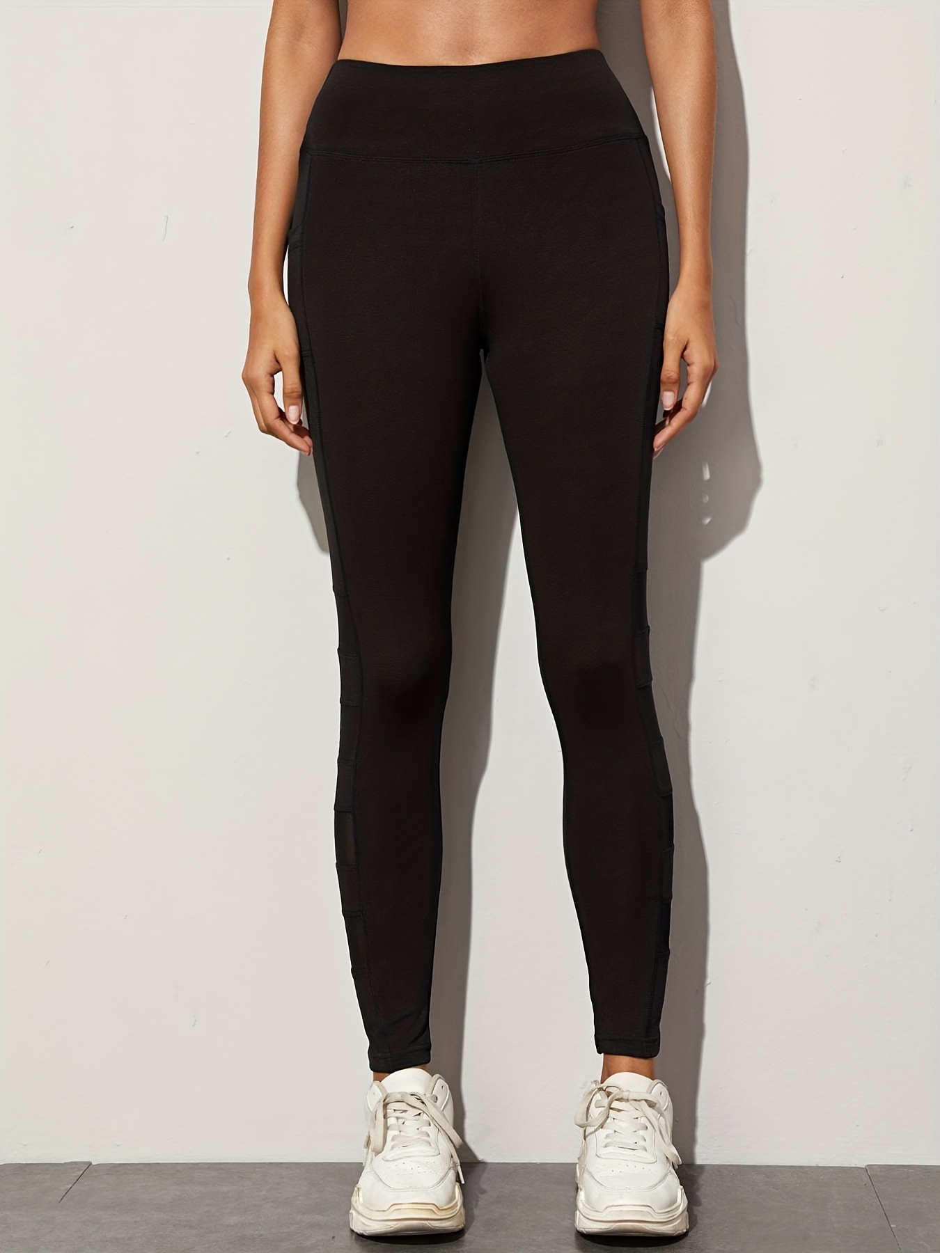 Stretchy High-Waisted Cotton Fitness Leggings with Mesh - Black