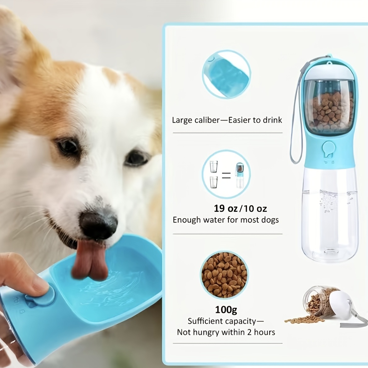 Portable Dog Water Bottle, 4-in-1 Dog Water Dispenser with Food