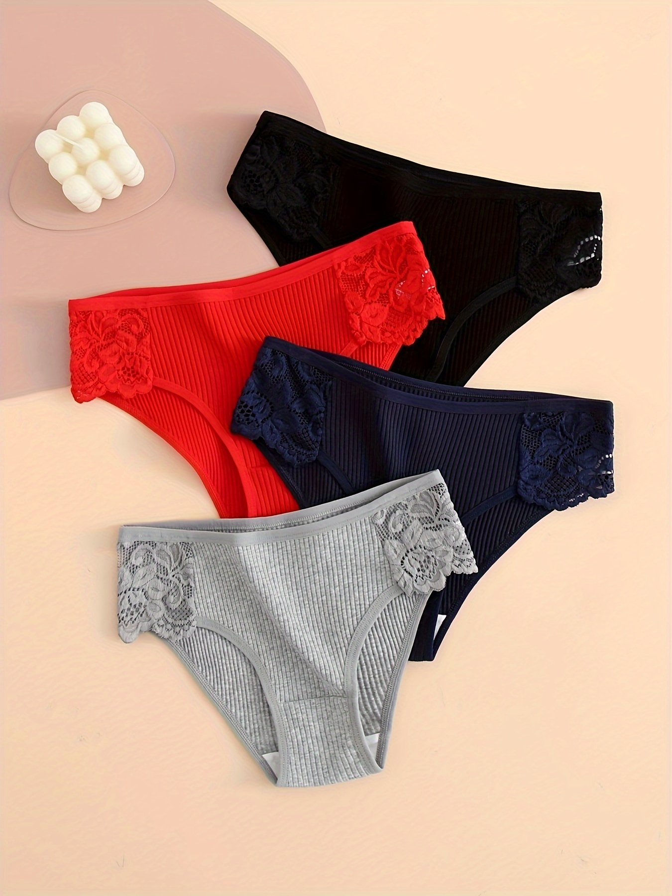 4pcs Contrast Lace Briefs, Comfy & Breathable Ribbed Stretchy Panties,  Women's Lingerie & Underwear