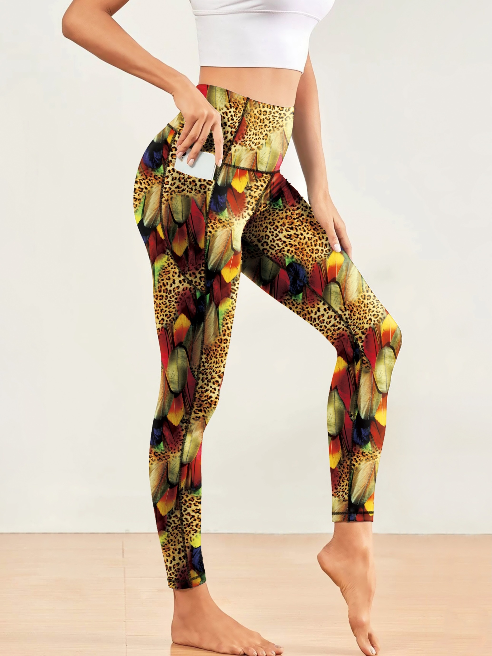 All Over Print Fashion Yoga Pants, Slim Fit High Stretch With Pocket  Workout Leggings, Women's Activewear
