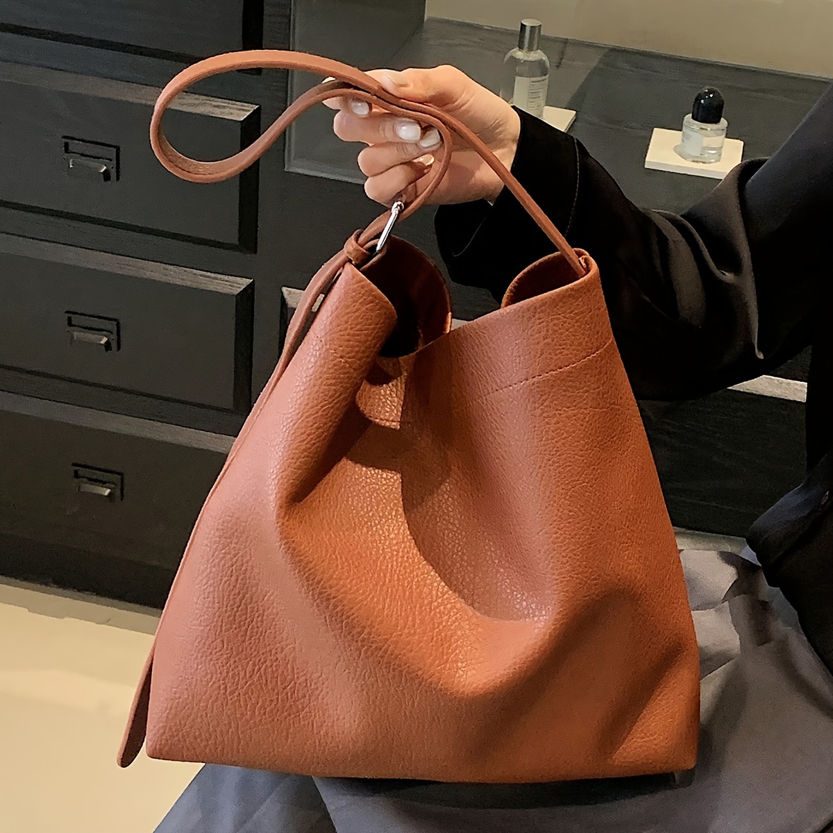 Minimalist Casual Hobo Shoulder Bag, All-match Soft Pu Leather Handbag,  Textured Bag For Women - Temu
