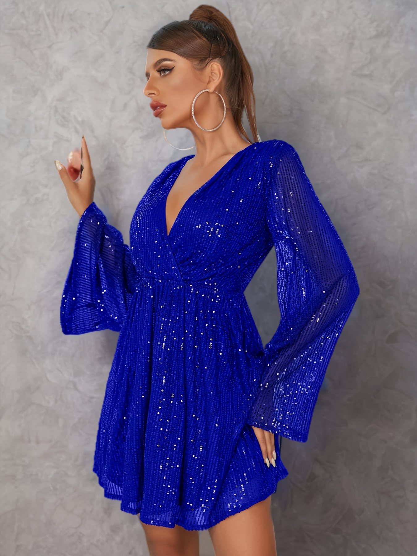 Sequin Flare Sleeve Dress in Sky blue Blue
