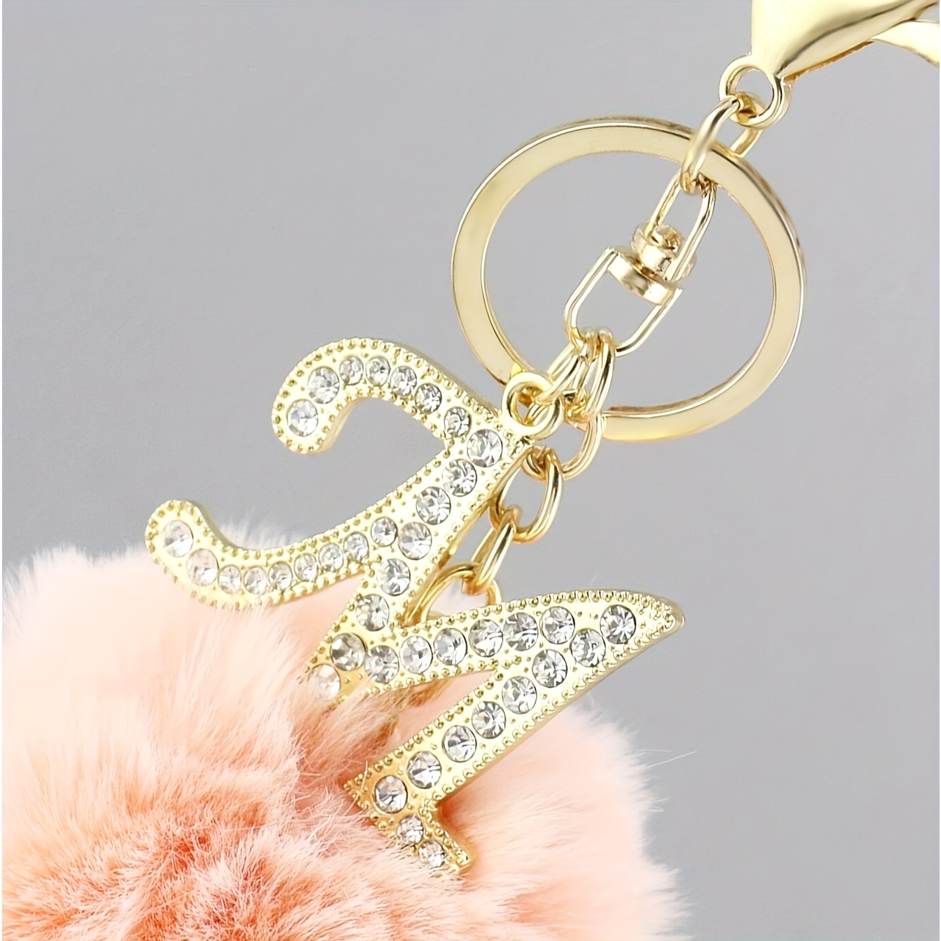 Rhinestone Letter & Pom Pom Charm Keychain