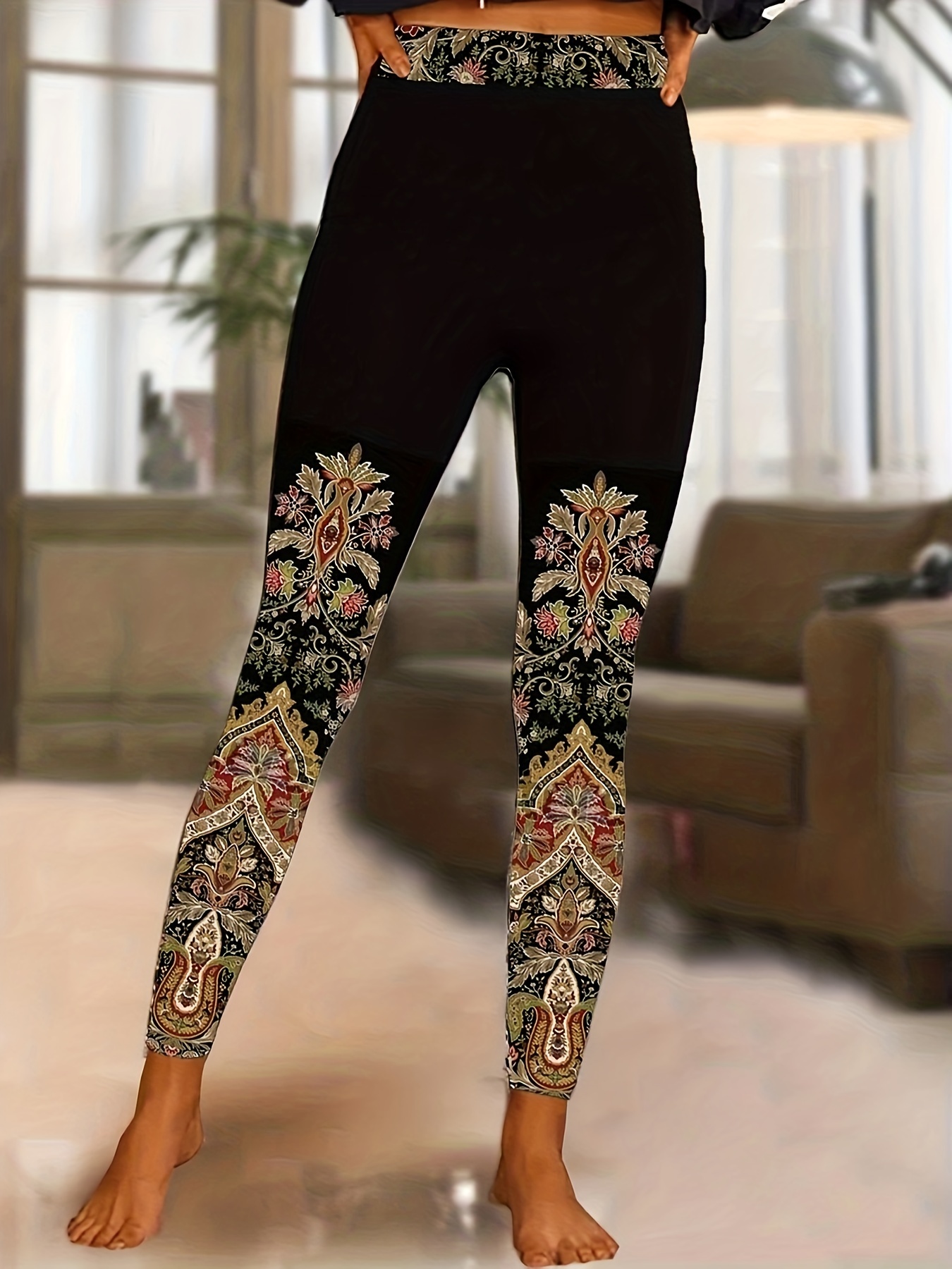 Plus Size Boho Leggings, Women's Plus Colorblock Arabesque Print High  Stretch Leggings