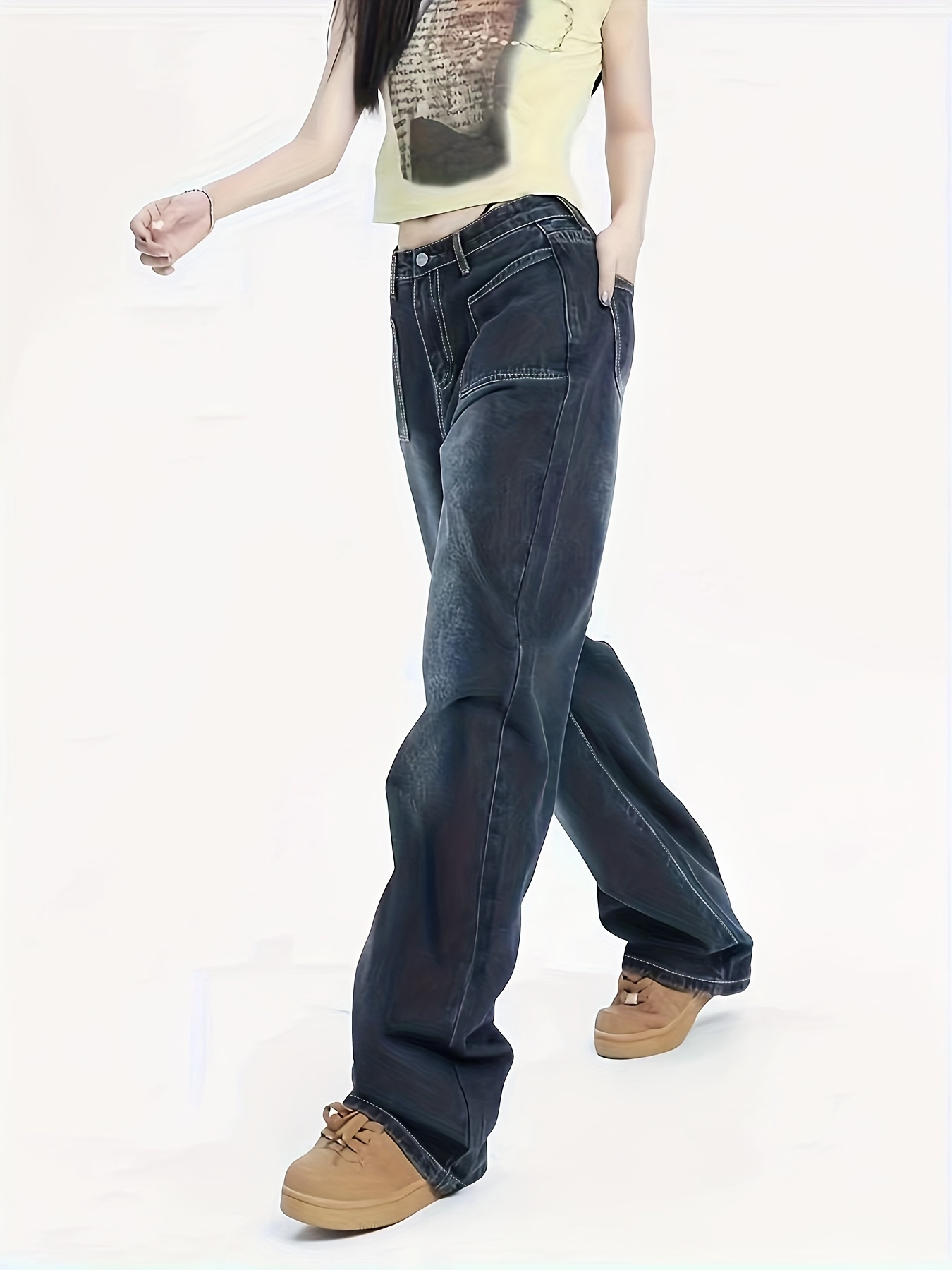 Blue Casual Wide Legs Jeans, Loose Fit Slash Pockets Straight Legs Mid  Waist Denim Pants, Women's Denim Jeans & Clothing