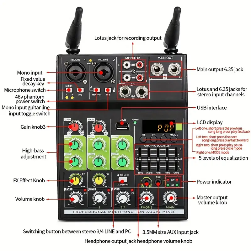 4-channel Usb Audio Mixer With Wireless Microphone Studio Sound Mixers With  Bt Rec Dj Console Mixing For Karaoke - Temu Germany