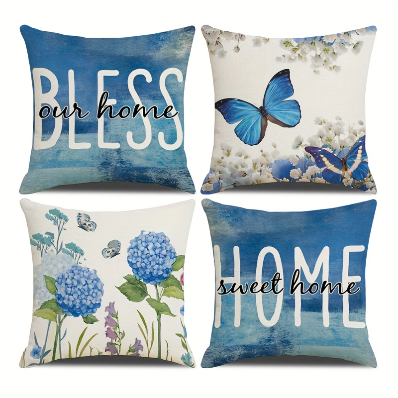 

4pcs Linen Flower Butterfly Series Single-sided Printed Pillowcase, Used For Home Decor, Room Decor, Office Decor, Living Room Decor, Sofa Decor (no Pillow Core)