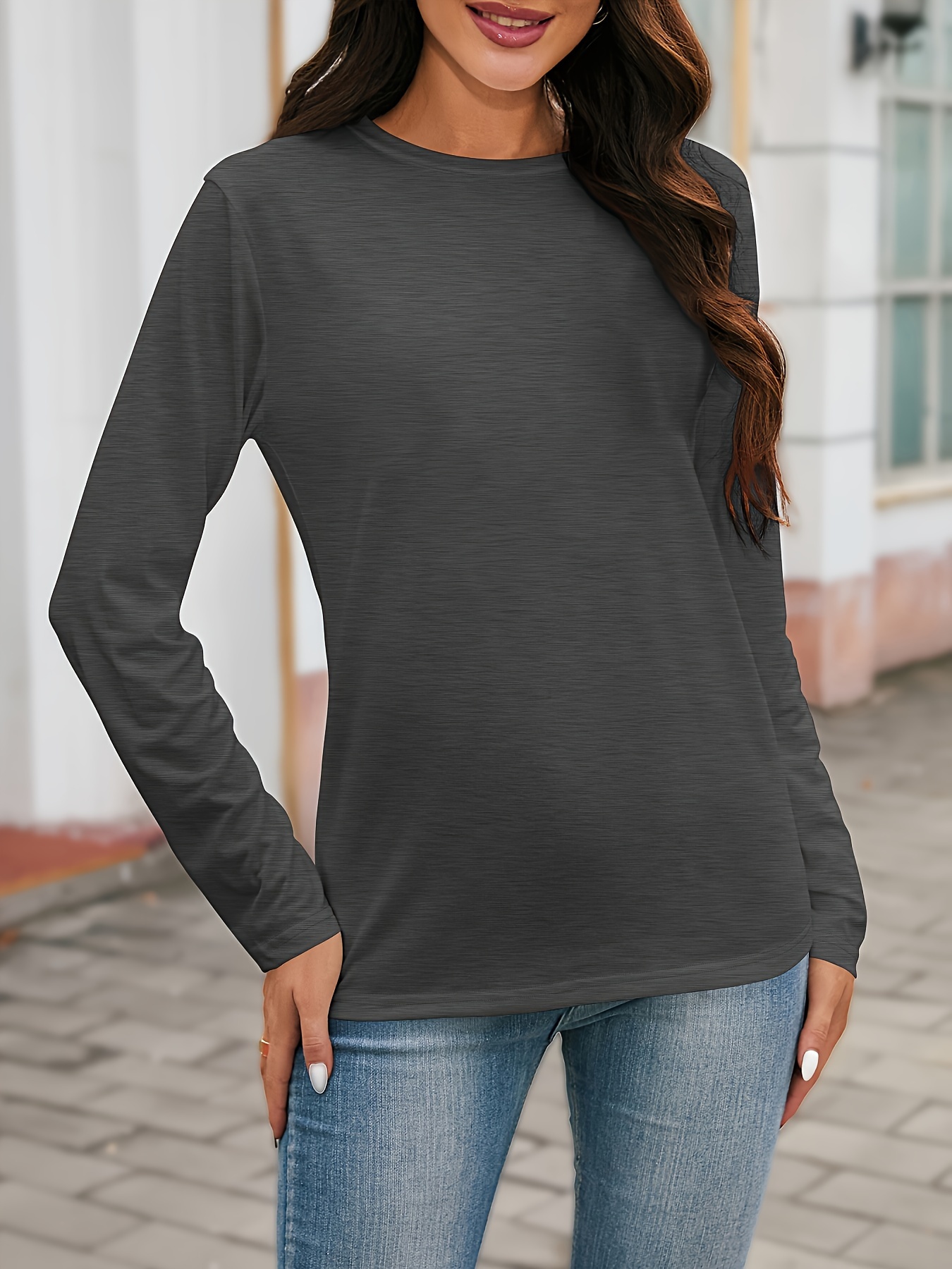 plus size simple solid t shirt casual crew neck long sleeve t shirt womens plus size clothing dark grey 4