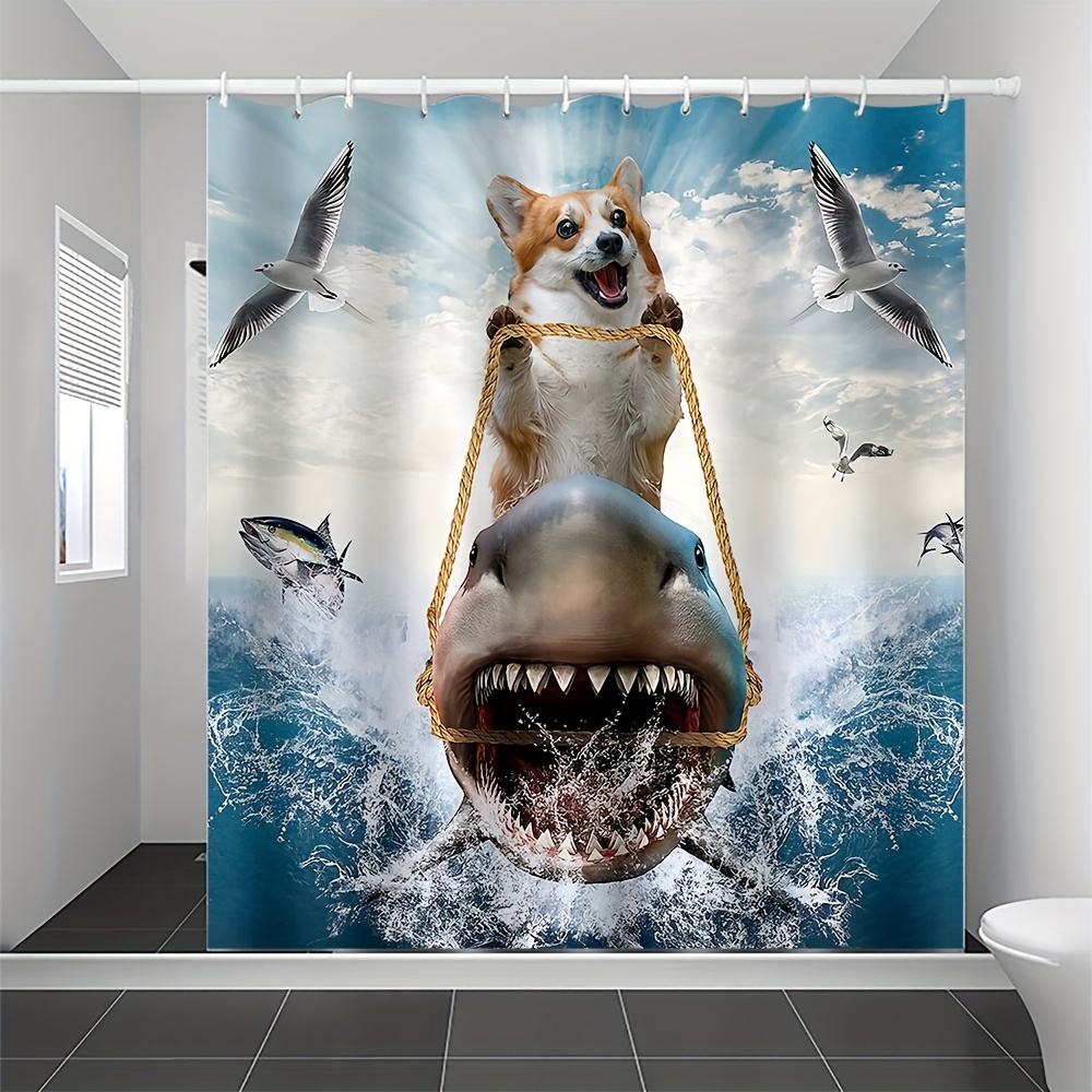 1pc Shark Corgi Shower Curtain With 12 Hooks, Cartoon Waterproof And  Mildew-Proof Bath Curtain, Bathroom Decor, Curtain For Windows, 71x71