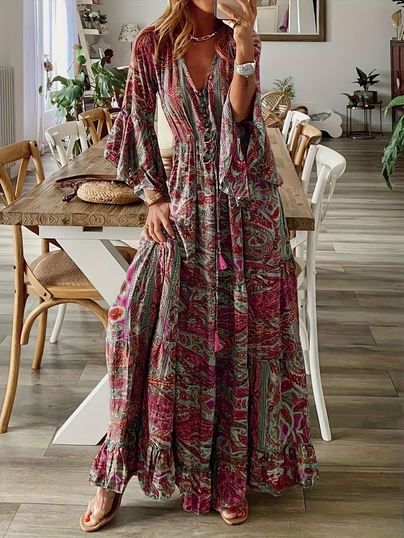 Plus Size Boho Dress; Women's Plus Floral Print V Neck High Stretch Cami  Maxi Dress With Pockets