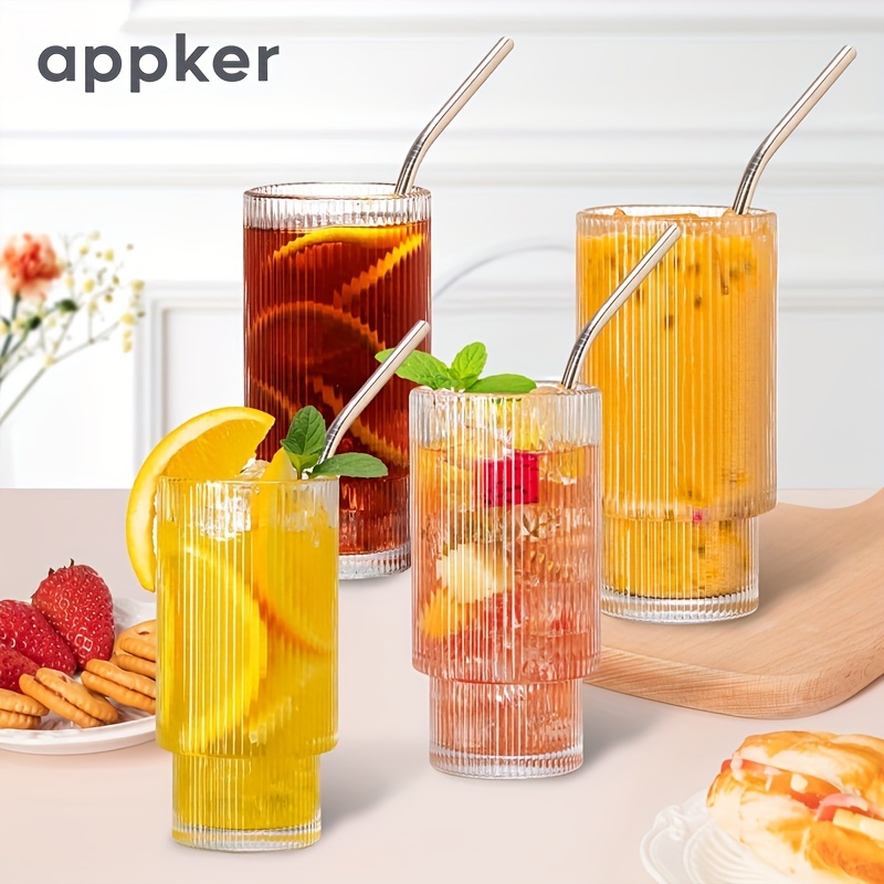 4pcs, Ribbed Drinking Glasses With Glass Straws, 13.53oz / 16.91oz Can  Shaped Glass Cups, Iced Coffee & Iced Tea Mugs, Clear Kitchen Glass Soda  Cockta