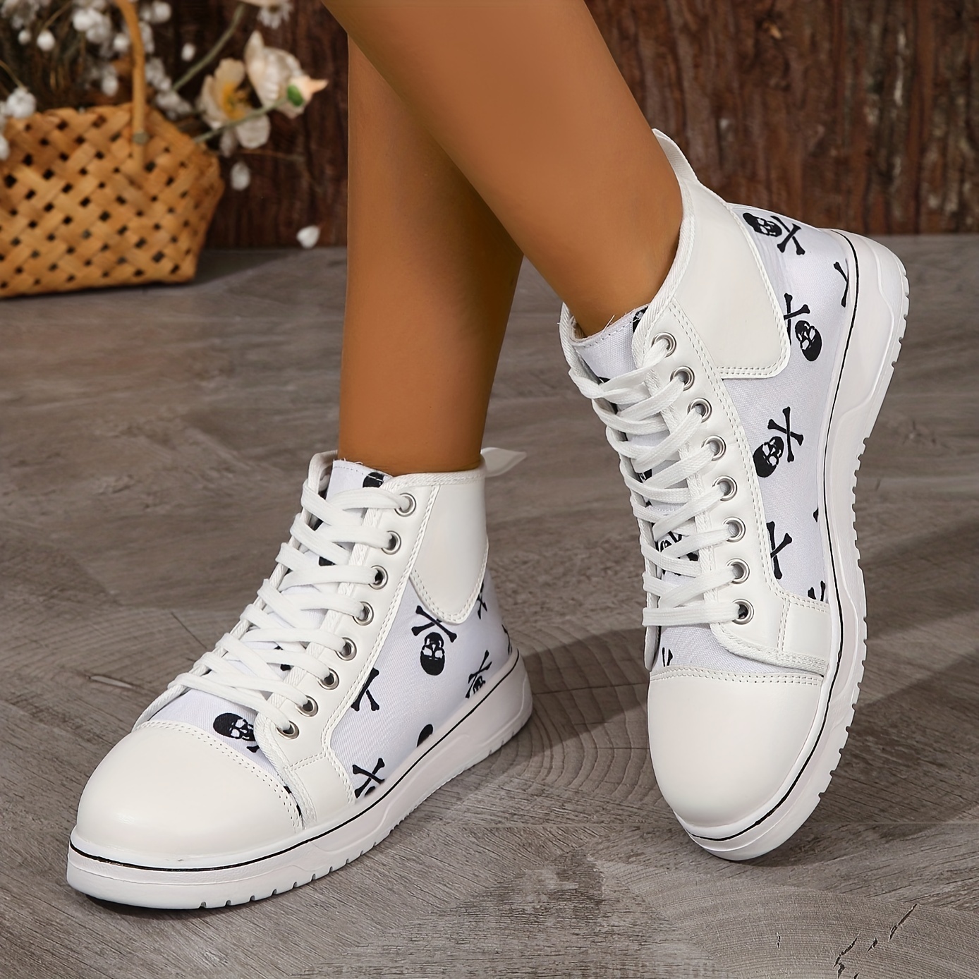 womens skull pattern sneakers round toe flat high top skate shoes casual halloween walking trainers details 4