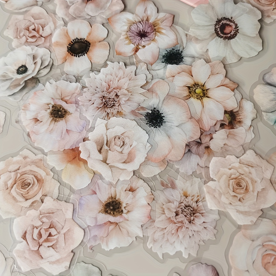 Image of 50pcs/1pc, Retro Watercolor Flower Plant Sticker Hand Account Diy Decoration Scrapbooking Photo Album Craft, Junk Journal Decor Supplies, Diy Junk Journal Decoration Label Stickers
