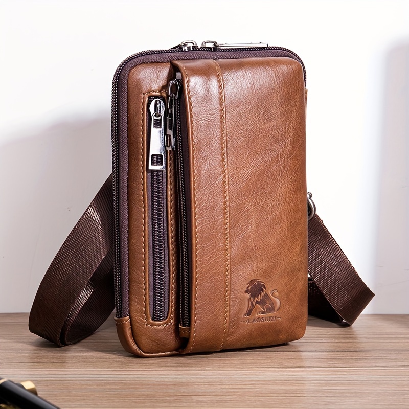 

1pc Men's Multi-functional Large-capacity Messenger Bag, Retro Casual Mobile Phone Bag, Multi-functional Wear Belt Mobile Phone Waist Bag, Top Layer Cowhide Waist Bag