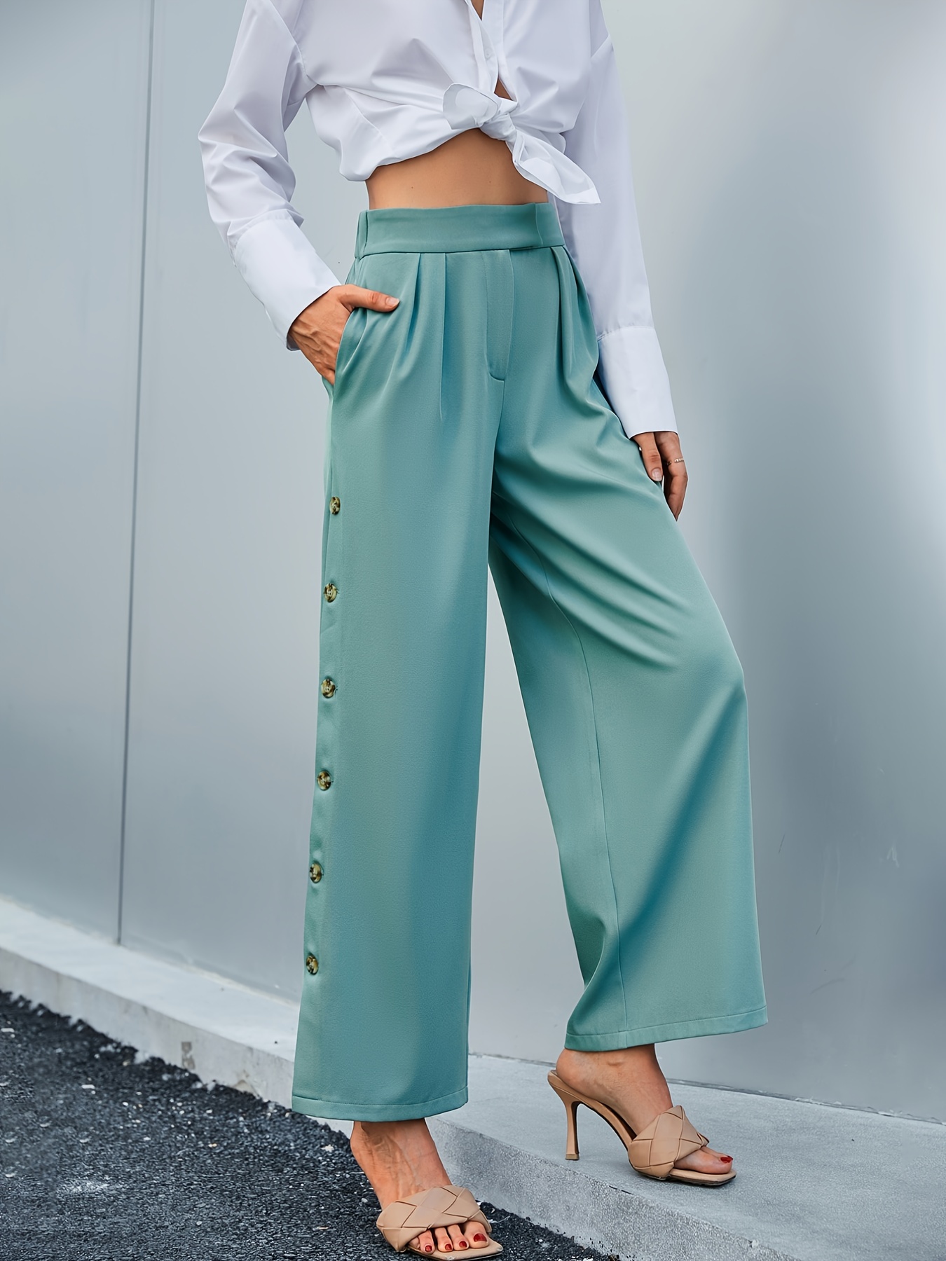 OLLOUM The Effortless Tailored Wide Leg Pants, Women's Casual Loose Wide  Leg Cozy Pants, High-Waisted Wide-Leg Pants Straight Long Trousers With  Scarf Belt (Color : Blue long, Size : L) : 