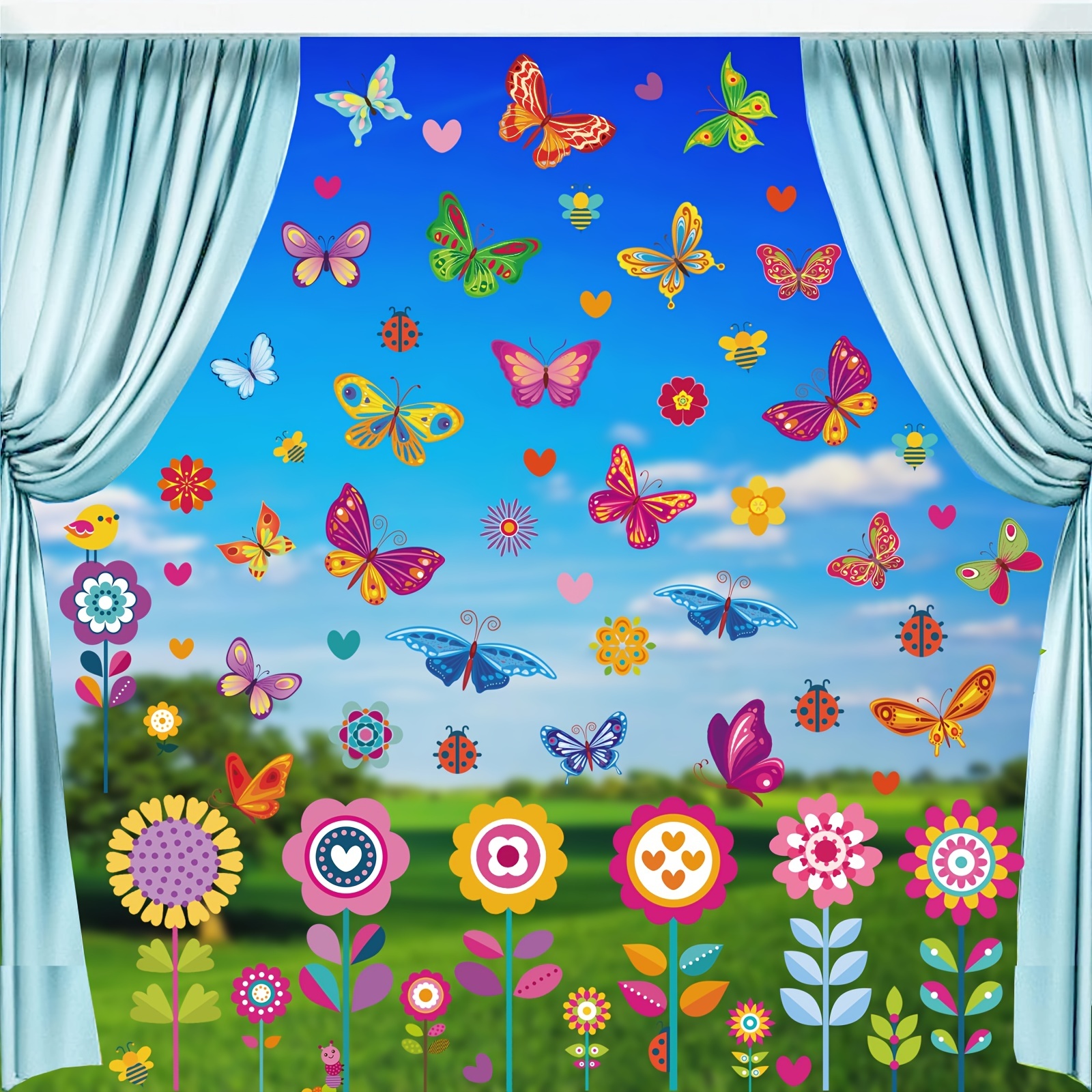 9 fogli di adesivi per finestre a tema giardino primaverile, api, farfalle  e fiori rimovibili, colorati e antiscivolo, adatti per decorare feste di