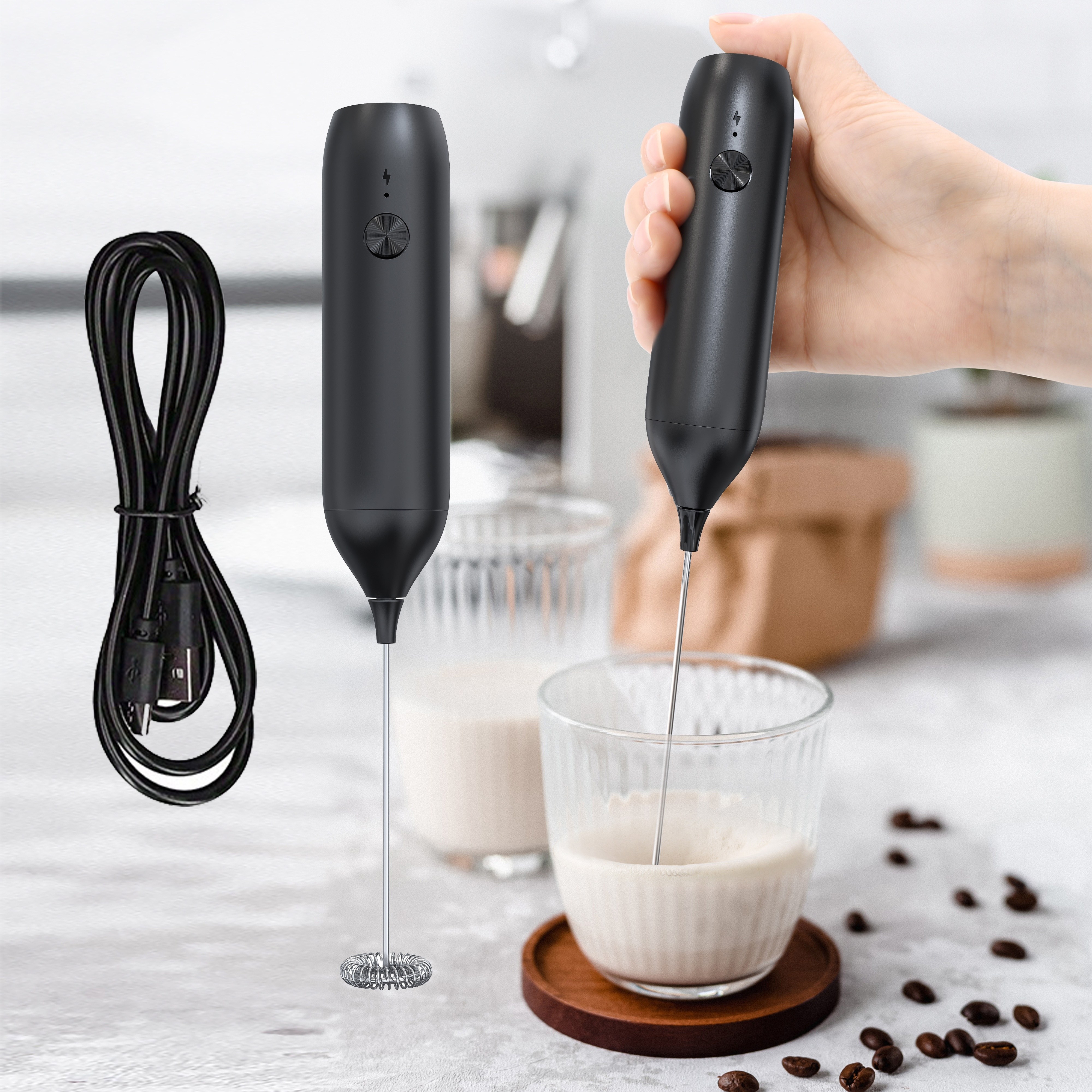 Milk Frother Handheld Detachable with Egg-beating Head &