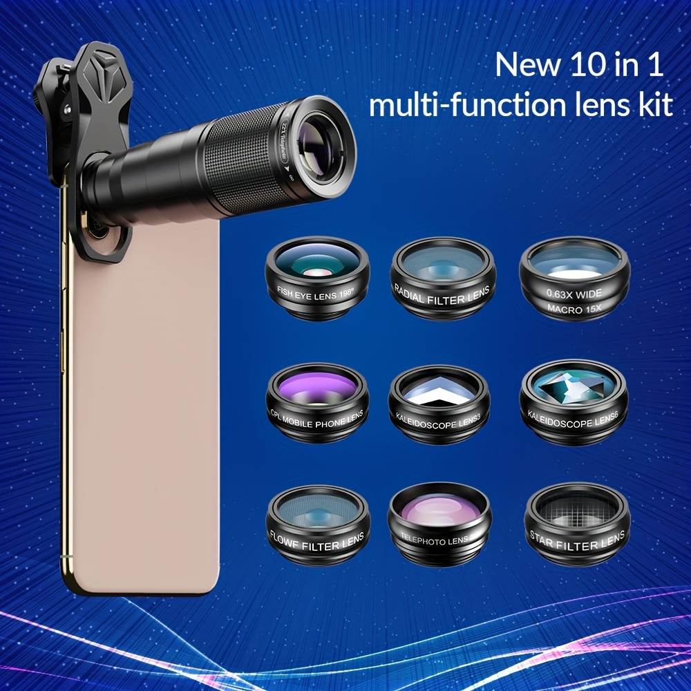 

New Hd 22x Telephoto Telescope 10 In 1 Camera Lens Kit Macro Wide Angle Fisheye Cpl Star Filter Lens With Universal Clip For Huawei Samsung Most Smartphones