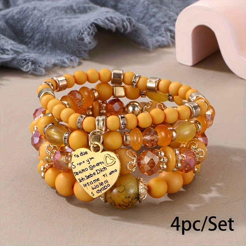 Heart Charm Beads Layered Bracelet Set Pompomia Bracelet - Temu