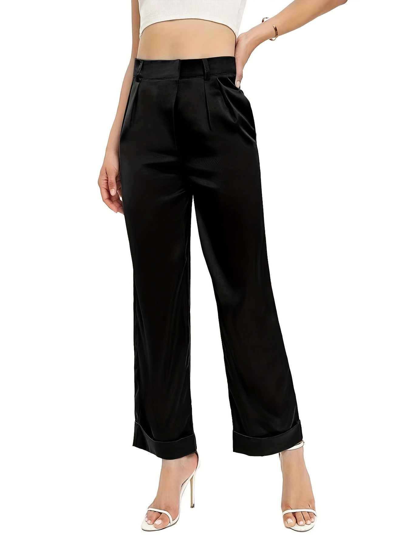 Solid Straight Leg Pants Casual Paper Bag Waist Pants Work - Temu