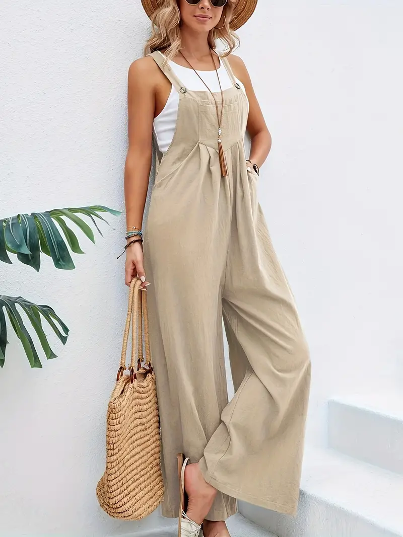 boho solid sleeveless long length jumpsuit casual baggy jumpsuit with pockets womens clothing beige 0
