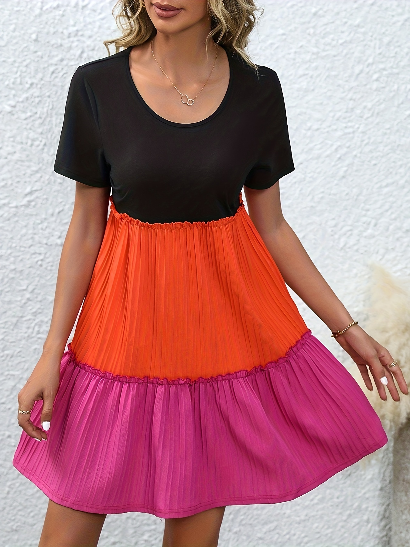 Color Block Short Sleeve Button Down Tiered Dress (Multiple Colors)