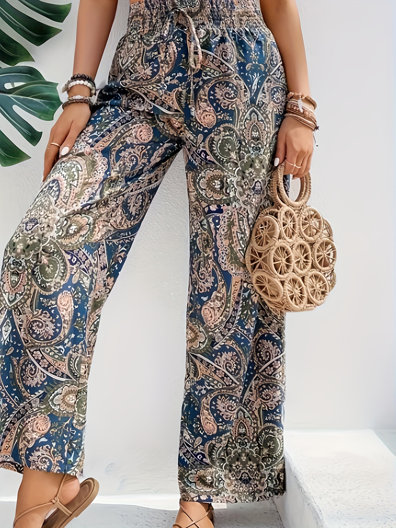 TIAFORD Women's Boho Printed Elastic High Waist Wide Leg Pants Casual  Paisley Printed Smocked Waist Loose Pants Trousers Gold at  Women's  Clothing store