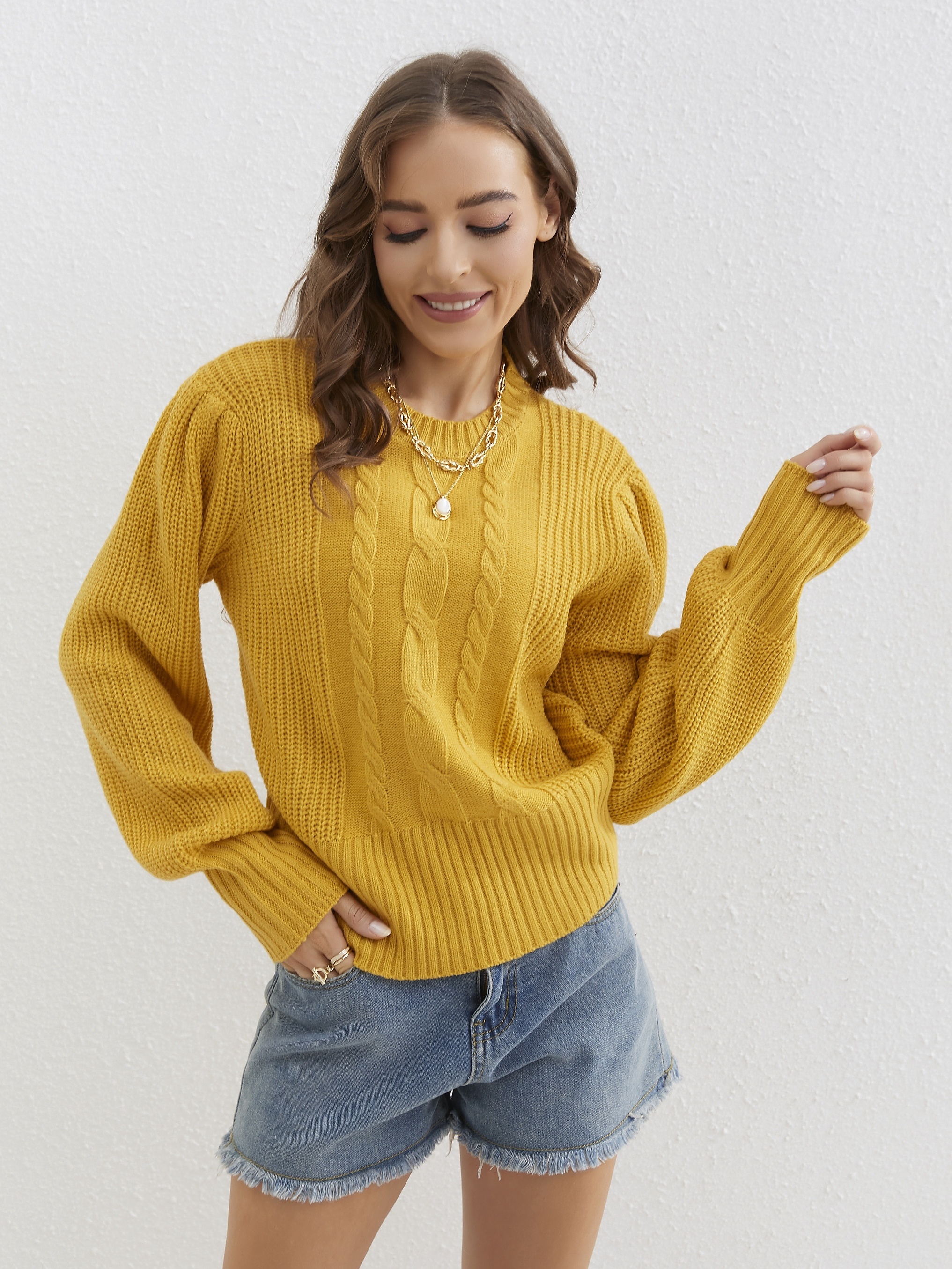 Twist Patten Crew Neck Pullover Sweater Womens Fall Winter Casual Lantern Sleeve