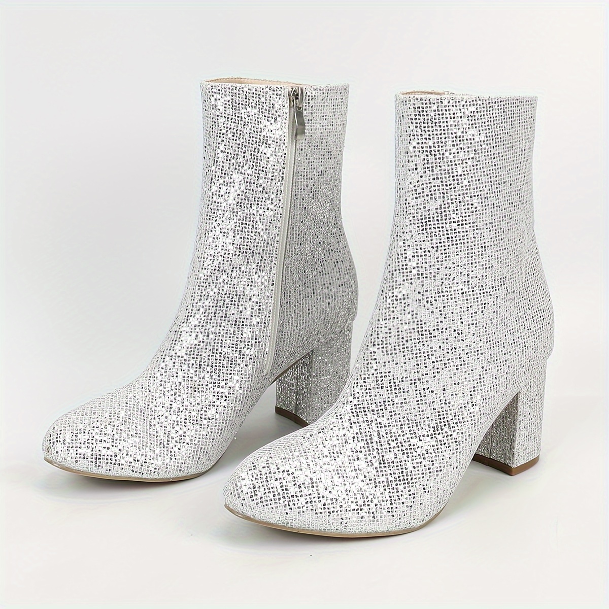 Women Side Zip Square Toe Chunky Heeled Sequin Classic Boots, Glamorous  Party Glitter Ankle Boots