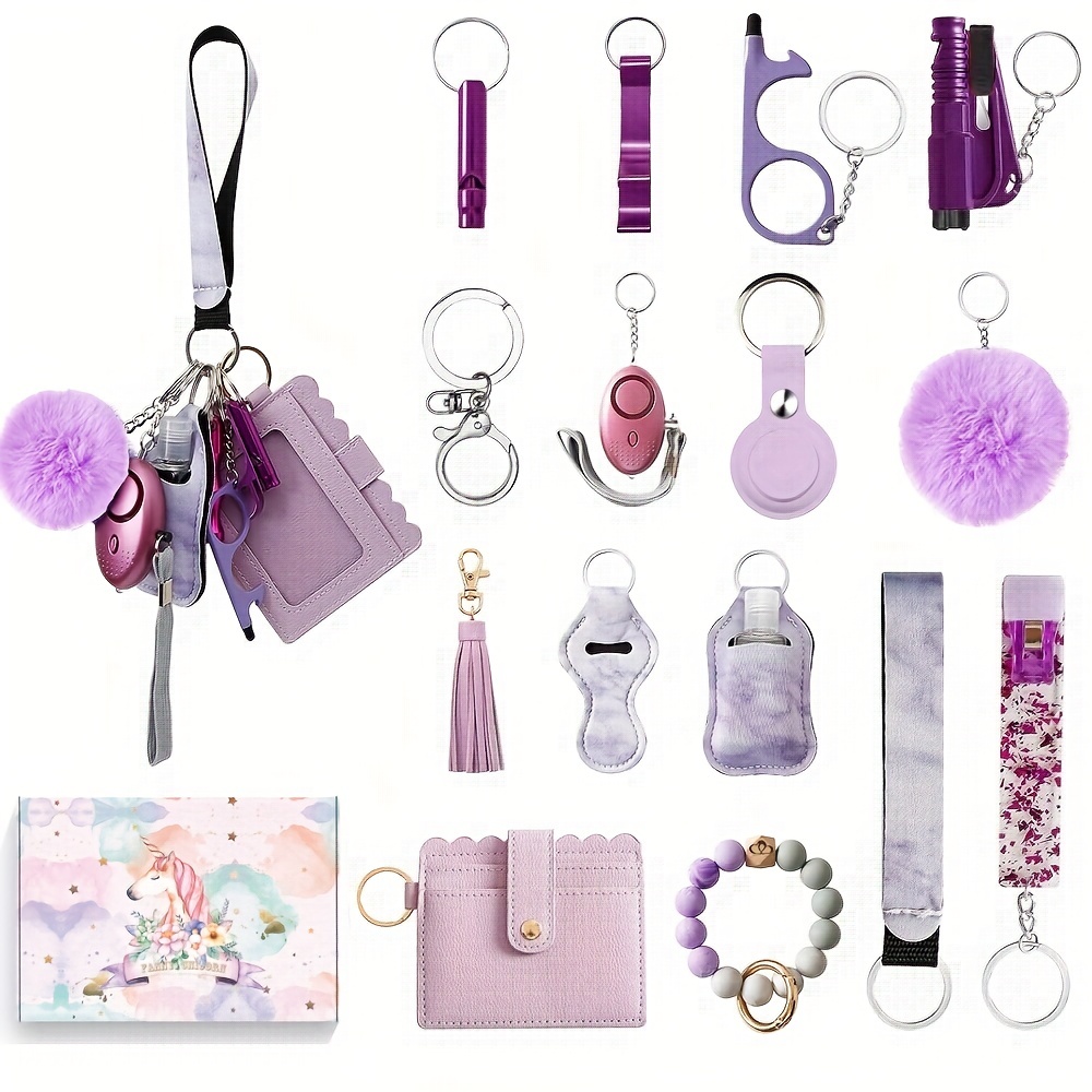 17pcs stylish safety keychain full set for women personal alarm key chain pu leather card bag keychain accessories holiday gift for women details 3