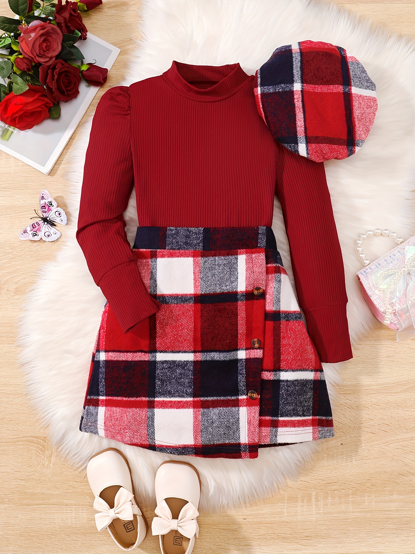 SHEIN Meninas da Criança Conjunto de blusa e calça pijama Impressão xadrez  Natal Detalhe Remendo