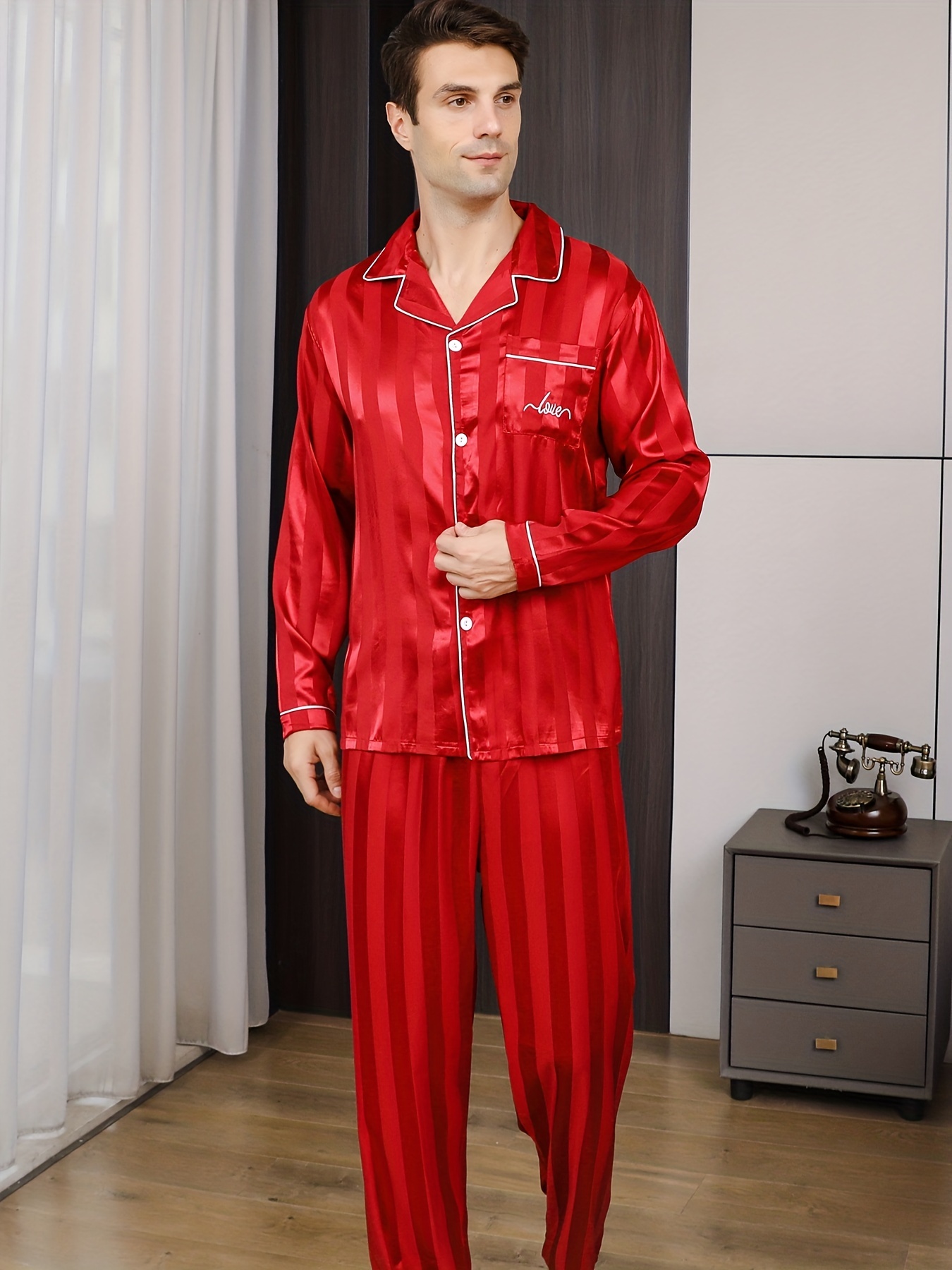 STJDM Camisón, conjunto de pijama fino de seda de hielo para hombre, pijama  con estampado de pijamas…Ver más STJDM Camisón, conjunto de pijama fino de