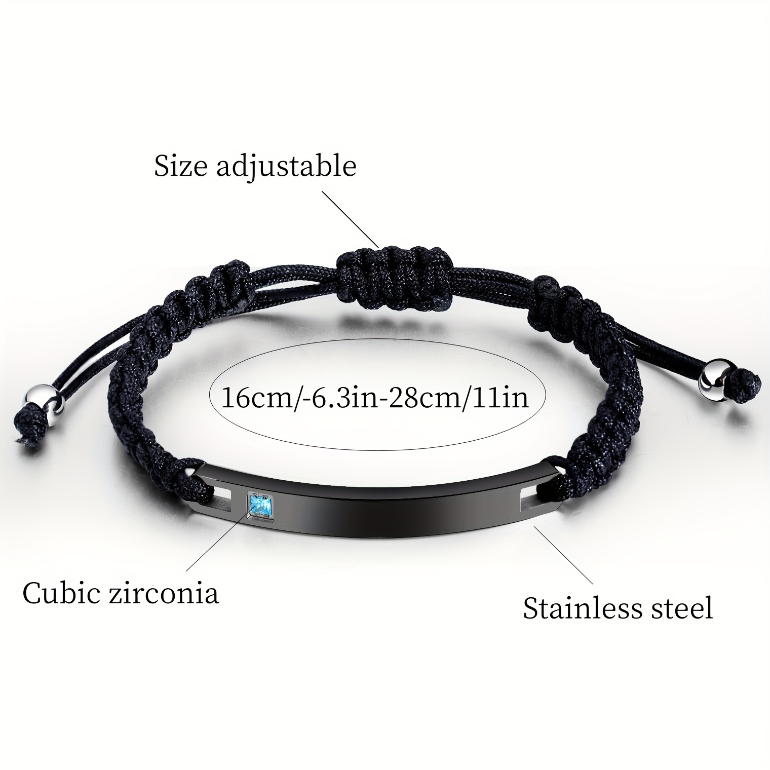 Mens Black Leather and Black Stainless Steel Bracelet with Cubic Zirconia