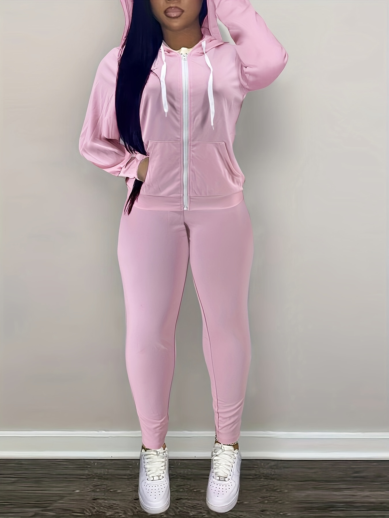 Casual Solid Two piece Set Zip Front Hoodie Jogger Pants - Temu